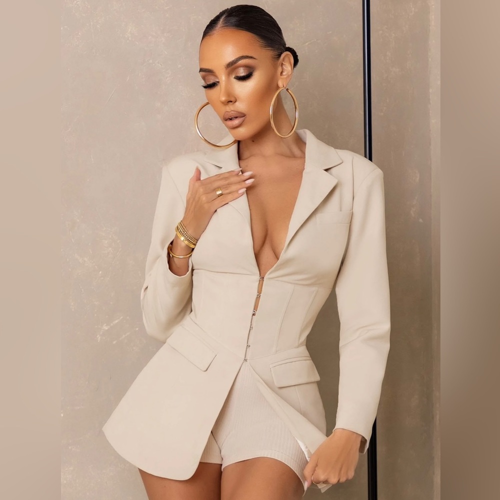 Oh Polly Cream Tailored Plunge Blazer Top